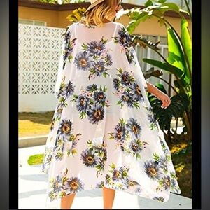 Women's Casual Kimono Beach Cover Up White Floral Longer Length‎ Chiffon 3X